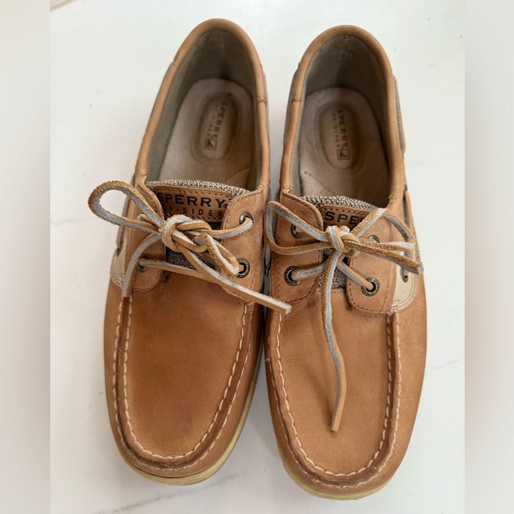 Sperry Women’s size 9 Light Brown leather Angelfish 2-eye loafer Boat Shoes EUC